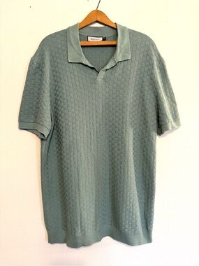 Mauvais Knit Polo Basketweave Pullover Sweater Johnny Collar Sage Green Size XL